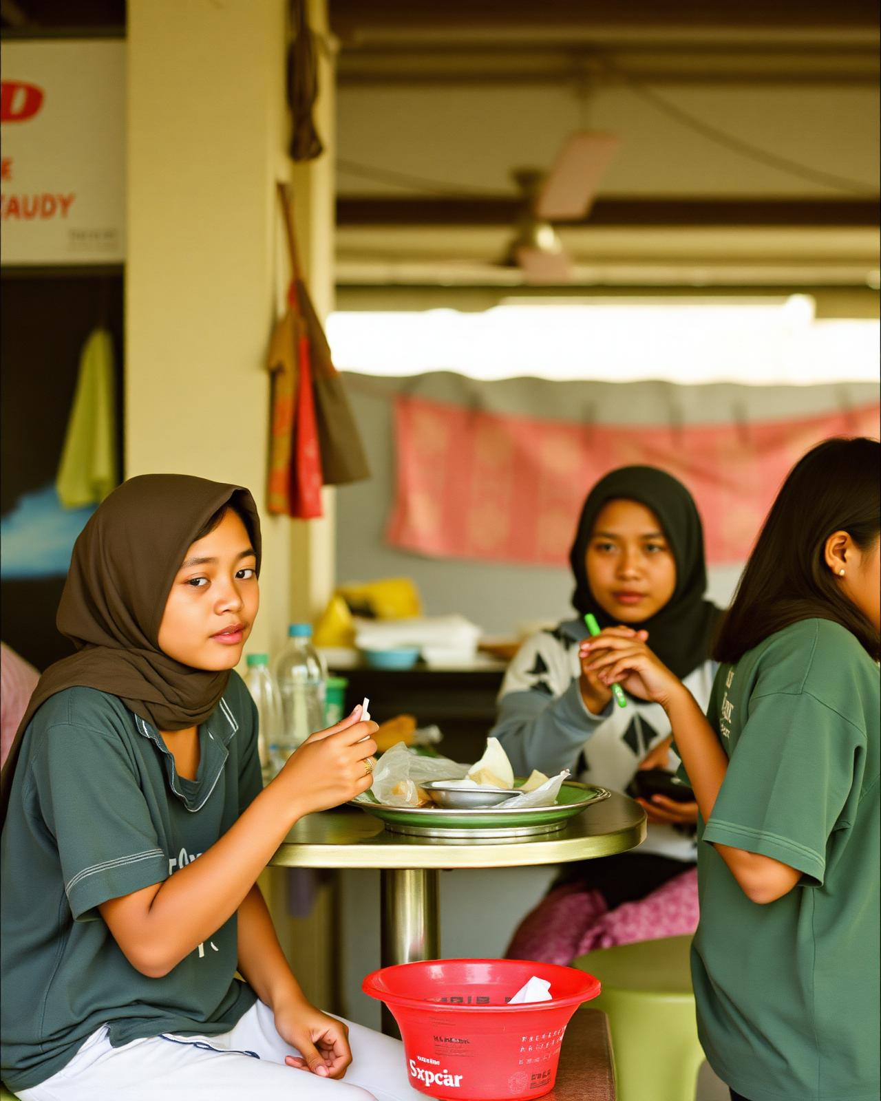 Young Indonesian consumers talking in a local warung
