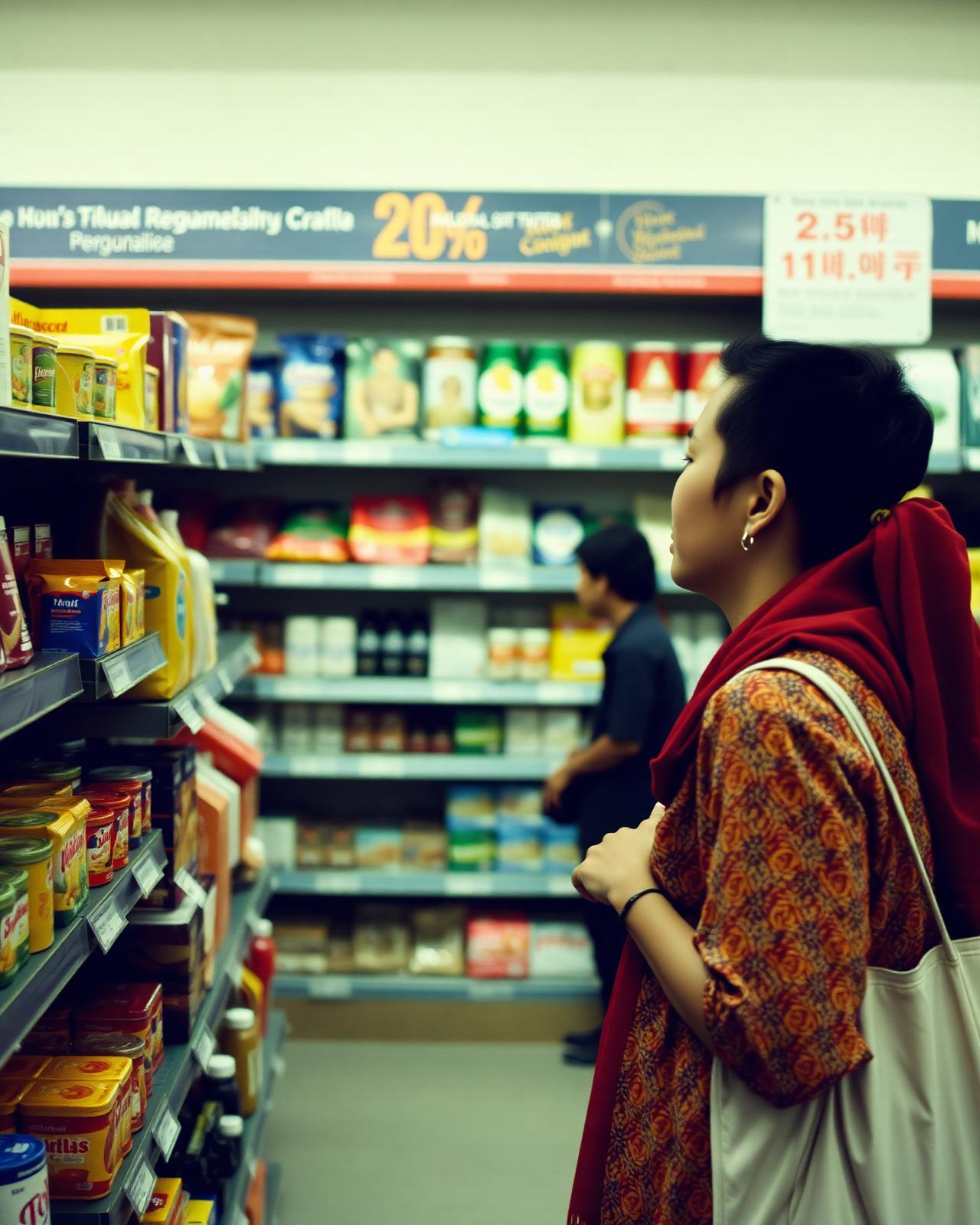 A shopper reviewing products on a supermarket shelf
