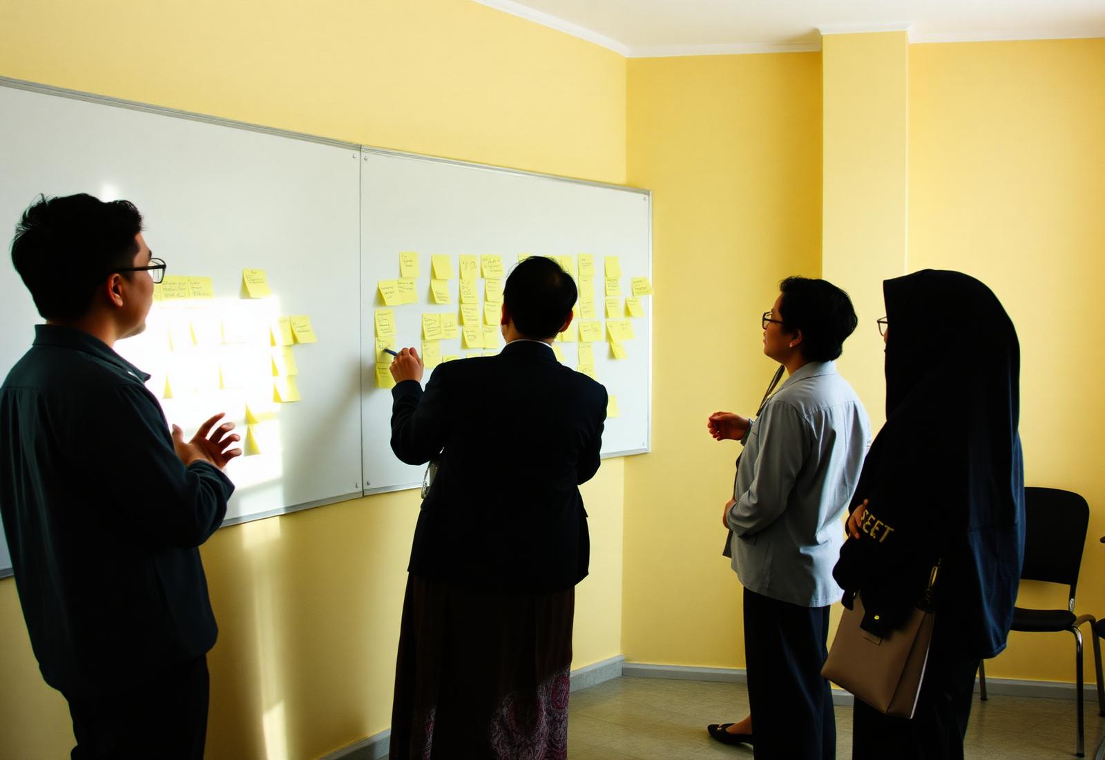 Professionals clustering insights on a workshop wall